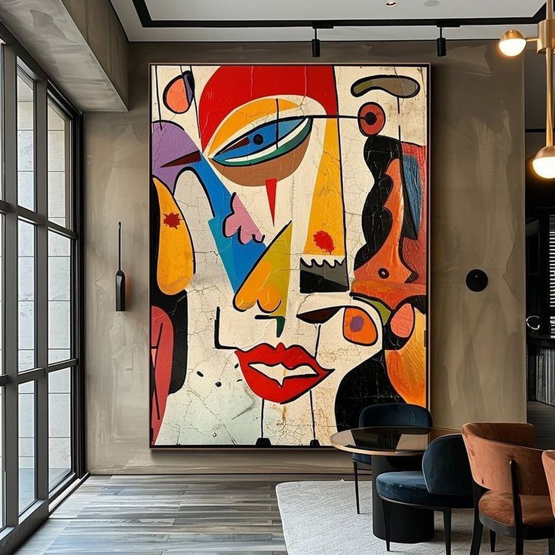 Canvas artwork placed in a generated scene: gallery room