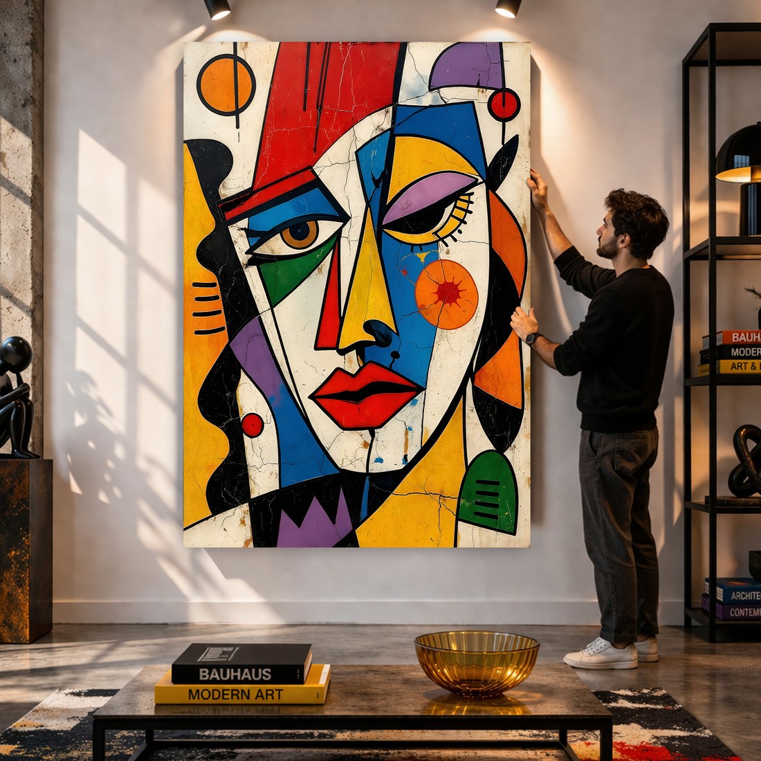 Canvas artwork placed in a generated scene: hanging shot