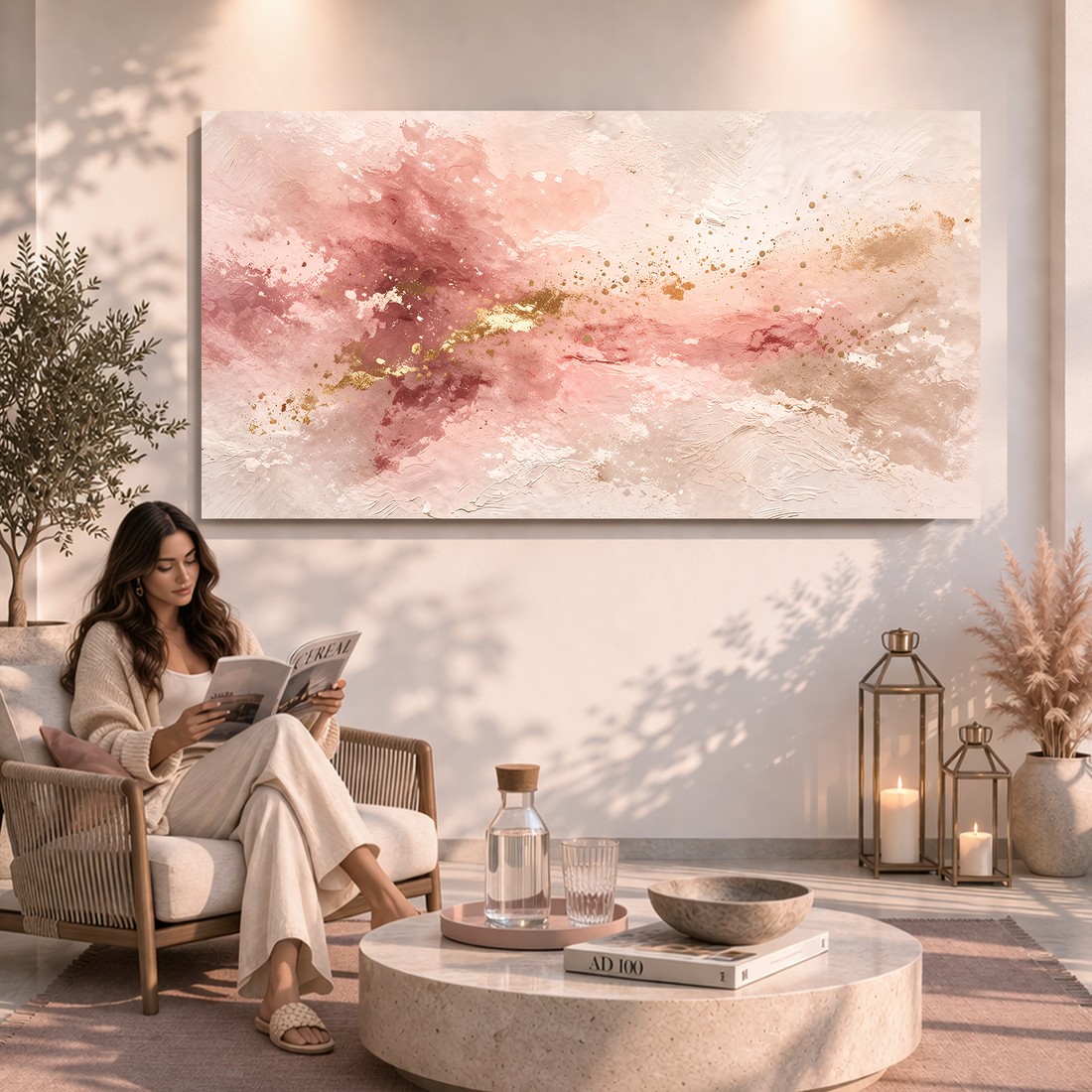 Canvas artwork placed in a generated scene: living room