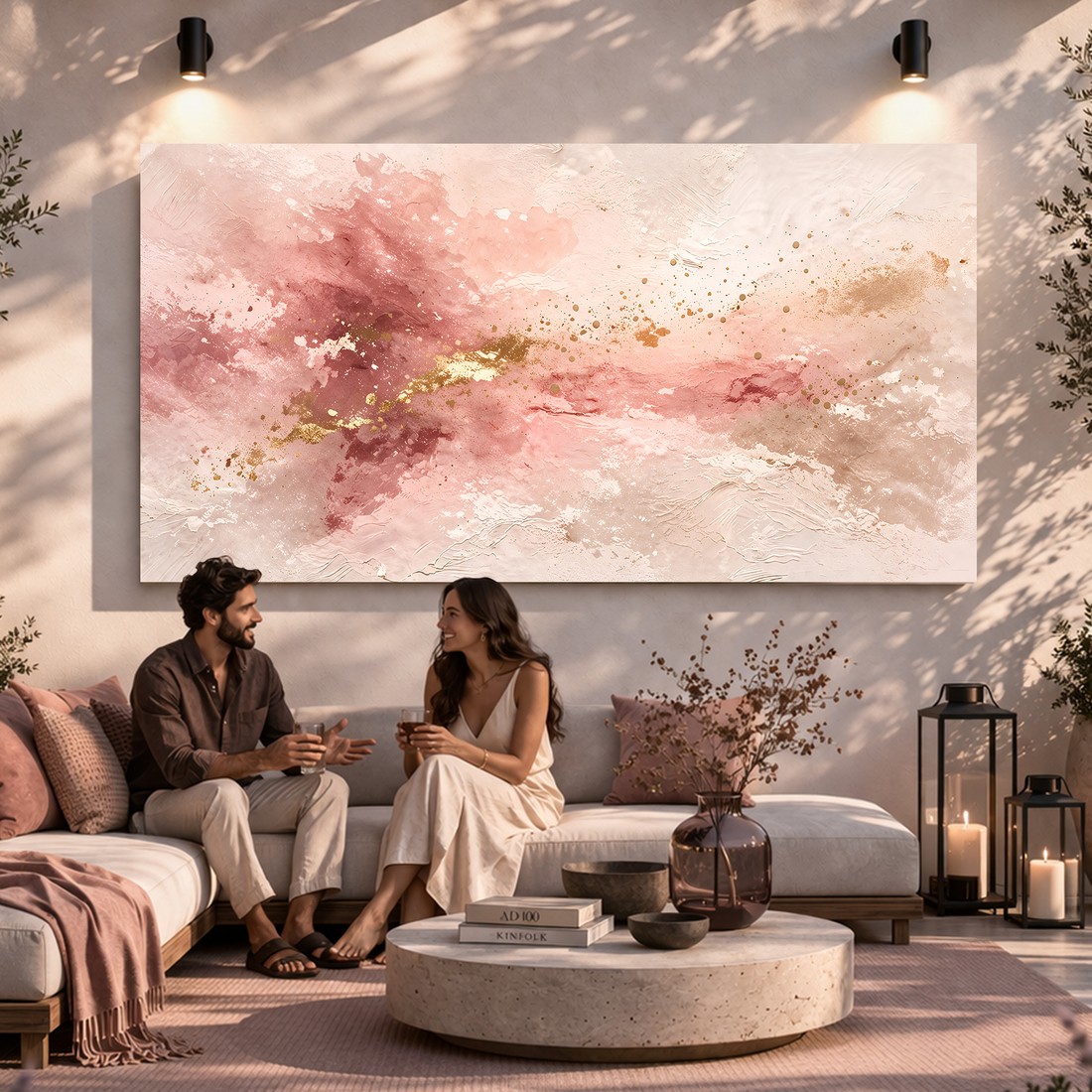 Canvas artwork placed in a generated scene: outdoor lounge