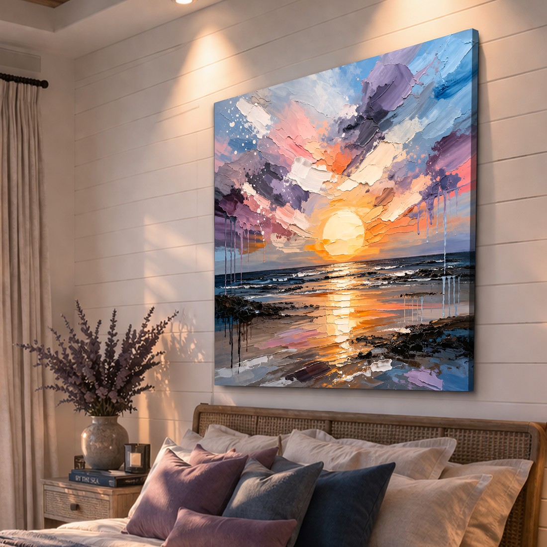Canvas artwork placed in a generated scene: bedroom