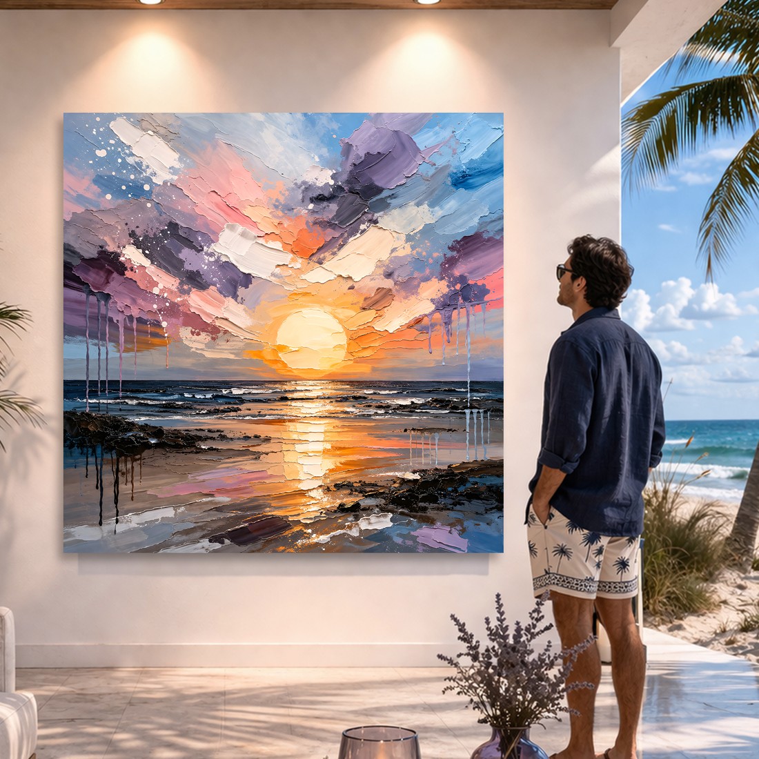 Canvas artwork placed in a generated scene: beach lifestyle shot