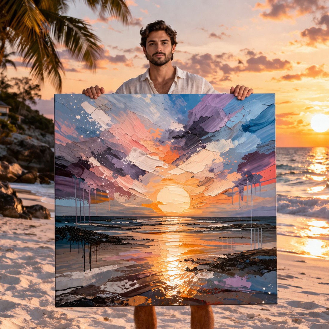 Canvas artwork placed in a generated scene: beach lifestyle shot