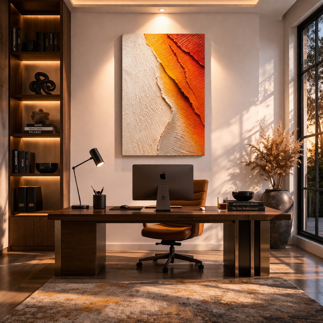 Canvas artwork placed in a generated scene: home office