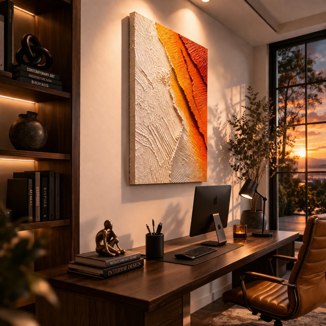 Canvas artwork placed in a generated scene: study desk