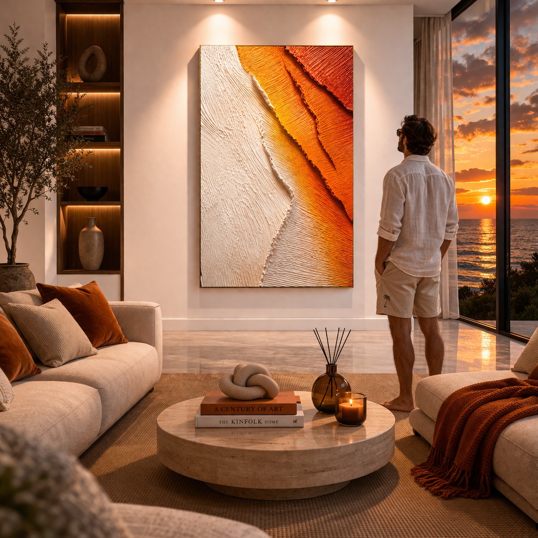 Canvas artwork placed in a generated scene: living room at sunset