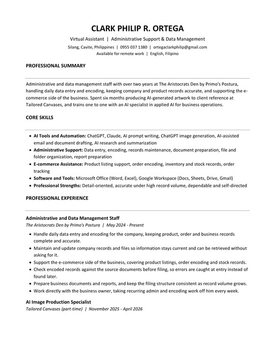 Two page resume for Clark Philip Ortega